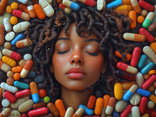 the head of an afroamerican woman lying down in a sea of medical pills and capules, eyes closed, illustrating  substance abuse, addiction, polypharmacy, multiple medications, drug interactions photo