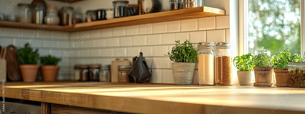 Sunlit Kitchen Countertop with Herbs and Jars Sunlit Kitchen Countertop with Herbs and Jars