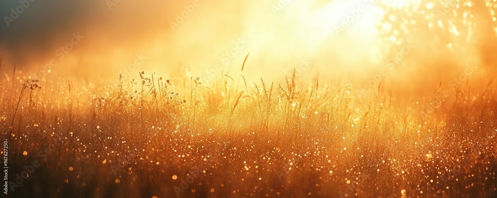 Obraz premium A meadow at sunrise, with golden light filtering through the mist and highlighting the dew-covered grass