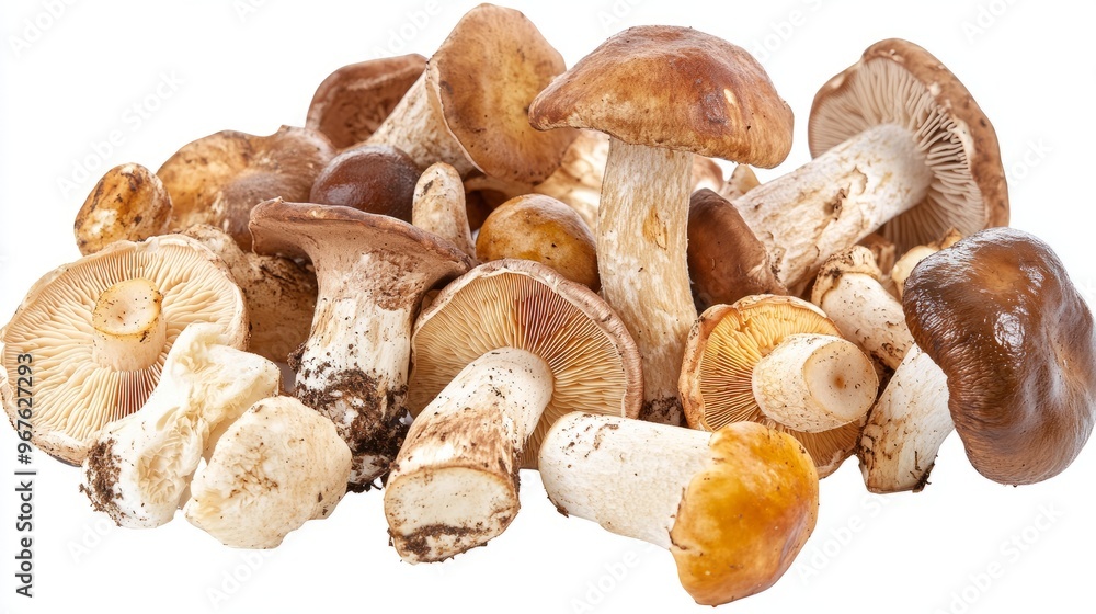 A refined collection of assorted mushrooms, such as chanterelles, morels, shiitakes, and porcini, each with a high-gloss, textured appearance, isolated on a white background A refined collection of assorted mushrooms, such as chanterelles, morels, shiitakes, and porcini, each with a high-gloss, textured appearance, isolated on a white background