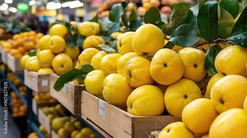 A display of market-ready quince fruits (Cydonia oblonga), perfect for jams and jellies photo