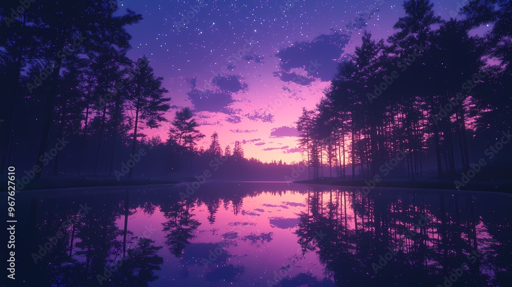 Serene twilight over a misty forest reflecting on calm waters. Serene twilight over a misty forest reflecting on calm waters.