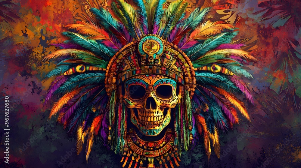 Colorful Aztec Skull with Feathers and Patterns Colorful Aztec Skull with Feathers and Patterns