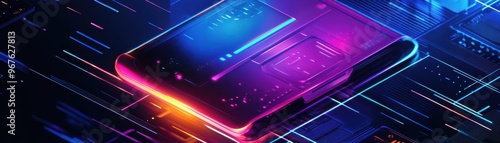 Modern smartphone with vibrant neon lights and digital elements, showcasing technology and innovation in a futuristic design.