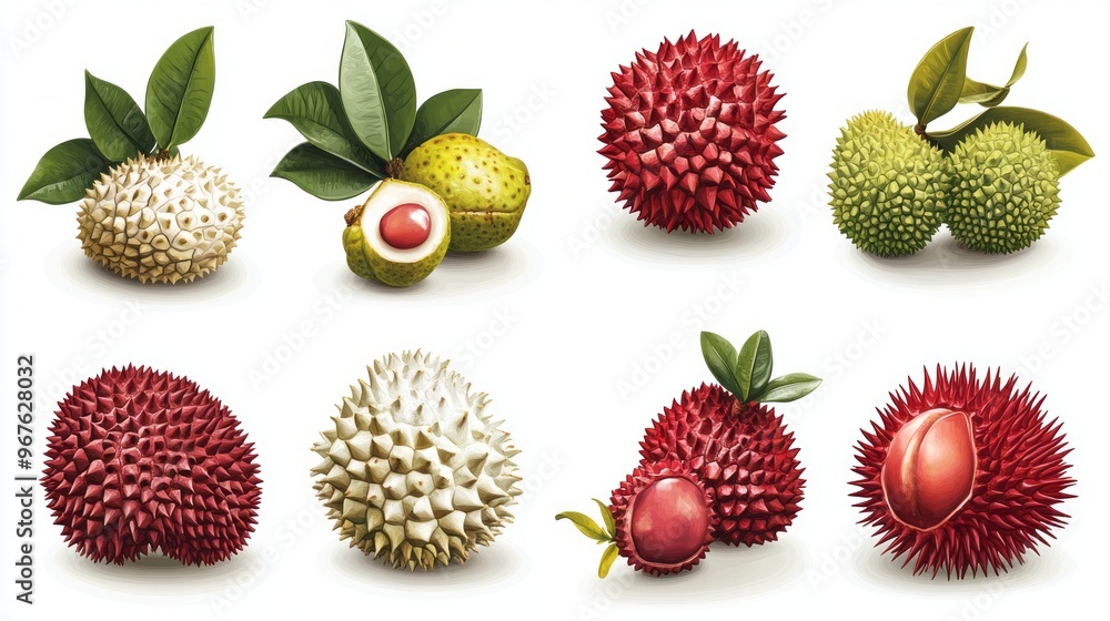 A refined sticker-style set of assorted tropical fruits like mangosteen, rambutan, lychee, and starfruit, each with a glossy, high-class look and vibrant colors, isolated on a white background A refined sticker-style set of assorted tropical fruits like mangosteen, rambutan, lychee, and starfruit, each with a glossy, high-class look and vibrant colors, isolated on a white background