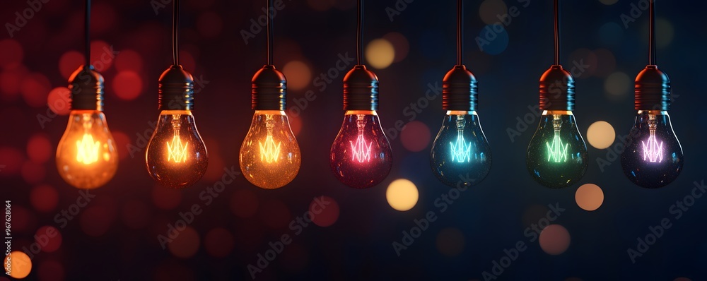 Colorful Light Bulbs Hanging with Bokeh Background Colorful Light Bulbs Hanging with Bokeh Background