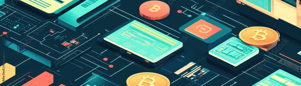 Fototapeta premium Stylish digital background featuring cryptocurrency coins and technology symbols. Perfect for finance and innovation themes.