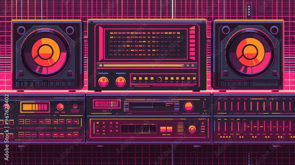 Fototapeta premium A vibrant retro audio system featuring speakers and various controls.