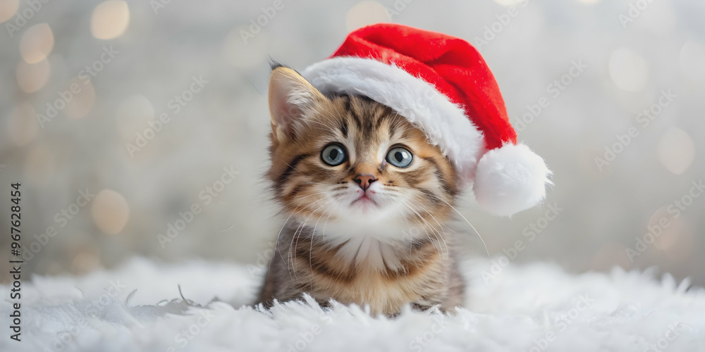 Adorable kitten wearing a festive red Santa hat with white trim , holiday, Christmas, cat, cute, pet, fluffy, feline, seasonal Adorable kitten wearing a festive red Santa hat with white trim , holiday, Christmas, cat, cute, pet, fluffy, feline, seasonal