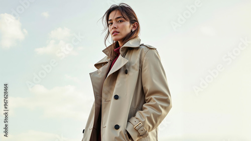 The model stands confidently in a chic trench coat, showcasing natural textures and the fluidity of light, capturing the essence of high-end fashion in a tranquil outdoor environment