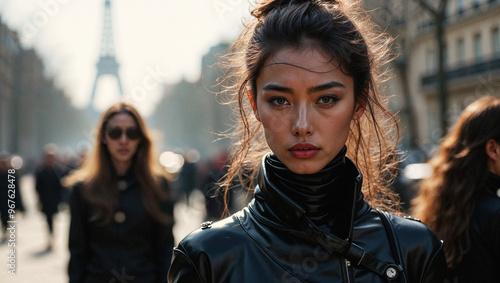 A group of striking models in dark attire strolls through Paris, embodying the essence of high fashion. The iconic Eiffel Tower looms in the background, framing the vibrant ambiance