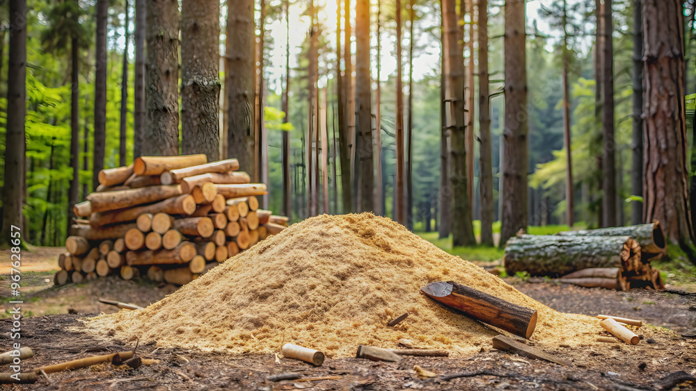 Pile of sawdust and firewood in a forest setting, firewood, sawdust, woodpile, forestry, logs, natural, organic, nature, fuel Pile of sawdust and firewood in a forest setting, firewood, sawdust, woodpile, forestry, logs, natural, organic, nature, fuel