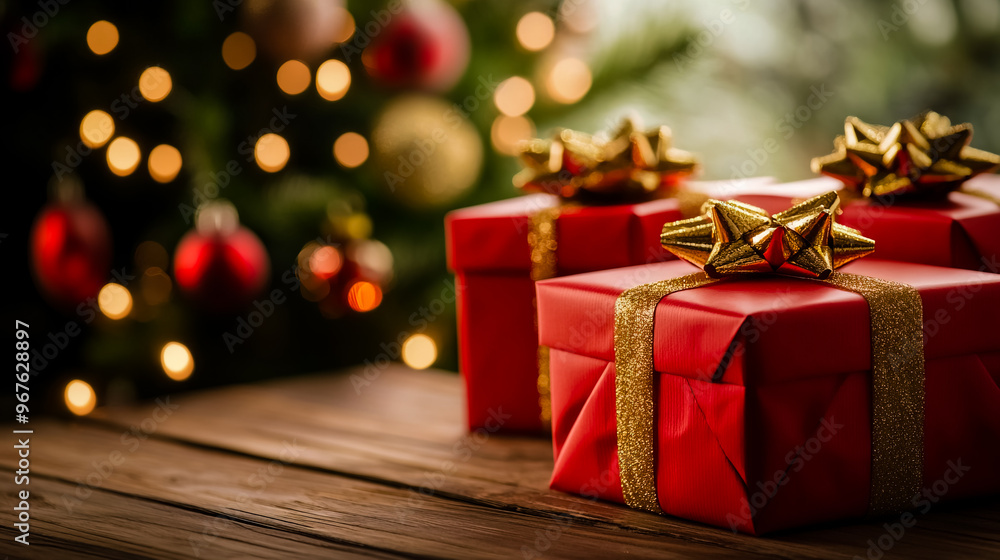 Three red gift boxes with gold ribbons and bows on a wooden table in front of a Christmas tree. Three red gift boxes with gold ribbons and bows on a wooden table in front of a Christmas tree.