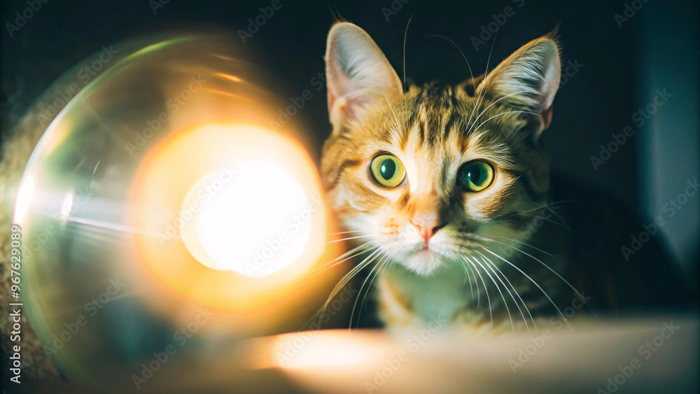 A cat focuses on a luminous orb, its eyes wide open, the gentle lighting casting delicate shadows on its whiskers and face A cat focuses on a luminous orb, its eyes wide open, the gentle lighting casting delicate shadows on its whiskers and face