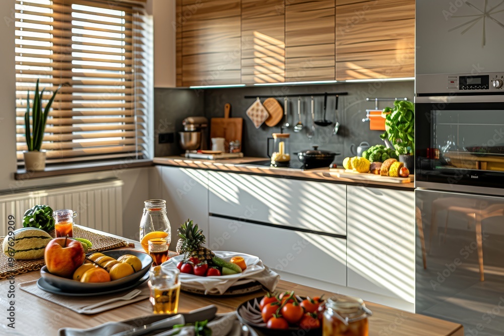 Modern kitchen with wooden table, white cabinets, refrigerator, oven, light wood color scheme, bright daylight, window with blinds, and breakfast setup with food items. Modern kitchen with wooden table, white cabinets, refrigerator, oven, light wood color scheme, bright daylight, window with blinds, and breakfast setup with food items.