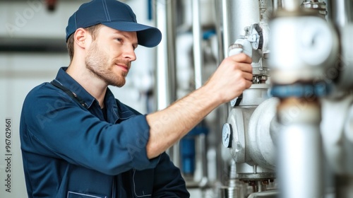 A technician in blue coveralls and a cap meticulously adjusts valves in a contemporary industrial setting, focusing on maintaining operational efficiency and safety during the day