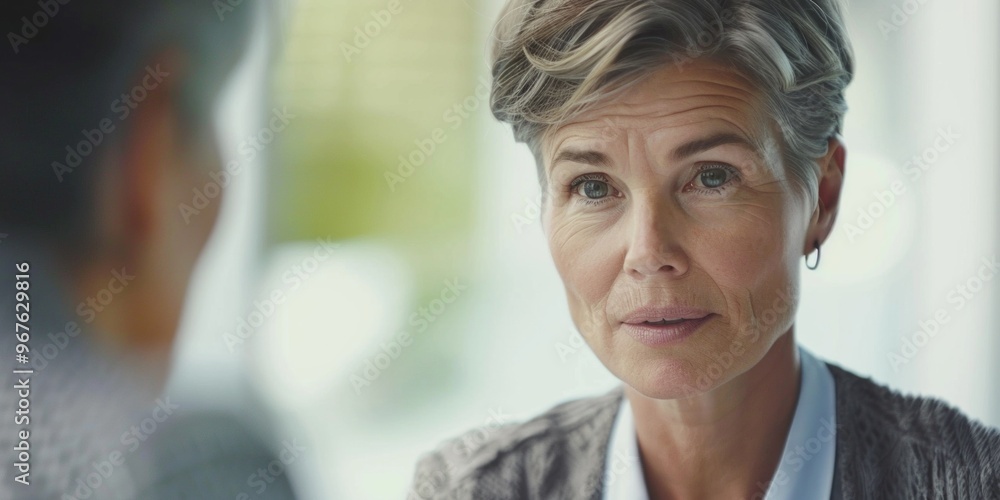 A middle-aged woman mentor talks with candidates about a business project. Generative AI. A middle-aged woman mentor talks with candidates about a business project. Generative AI.