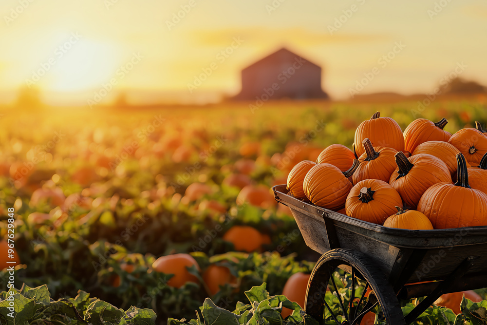 A rustic wheelbarrow full of freshly harvested pumpkins and squash ...