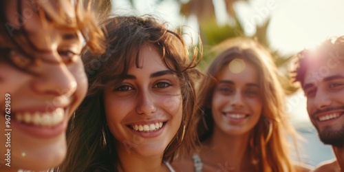 Party of happy young people with cocktails. Friends having fun on the beach. Generative AI.