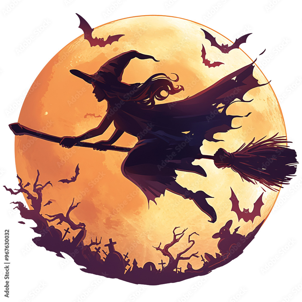 Halloween clipart moon cartoon witch flying broomstick full moon bats ...