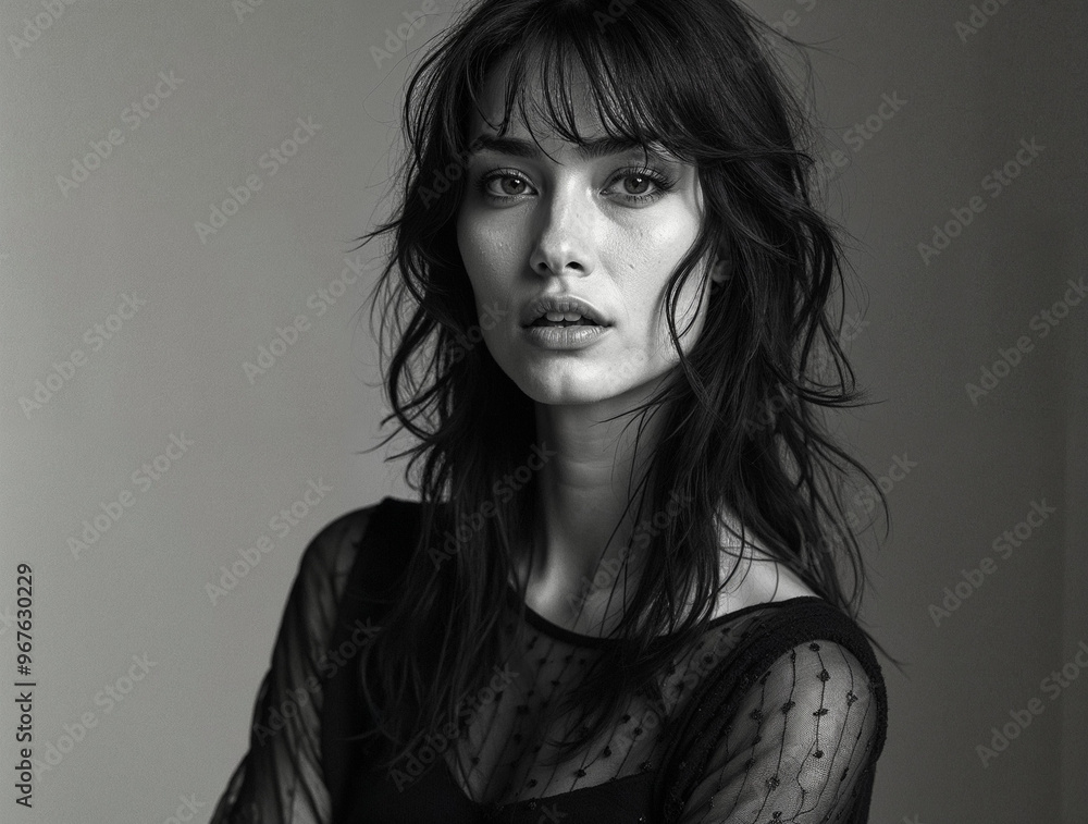 The captivating model gazes intently, effortlessly showcasing her unique style against a soft, neutral backdrop. The interplay of light and shadows highlights her features The captivating model gazes intently, effortlessly showcasing her unique style against a soft, neutral backdrop. The interplay of light and shadows highlights her features