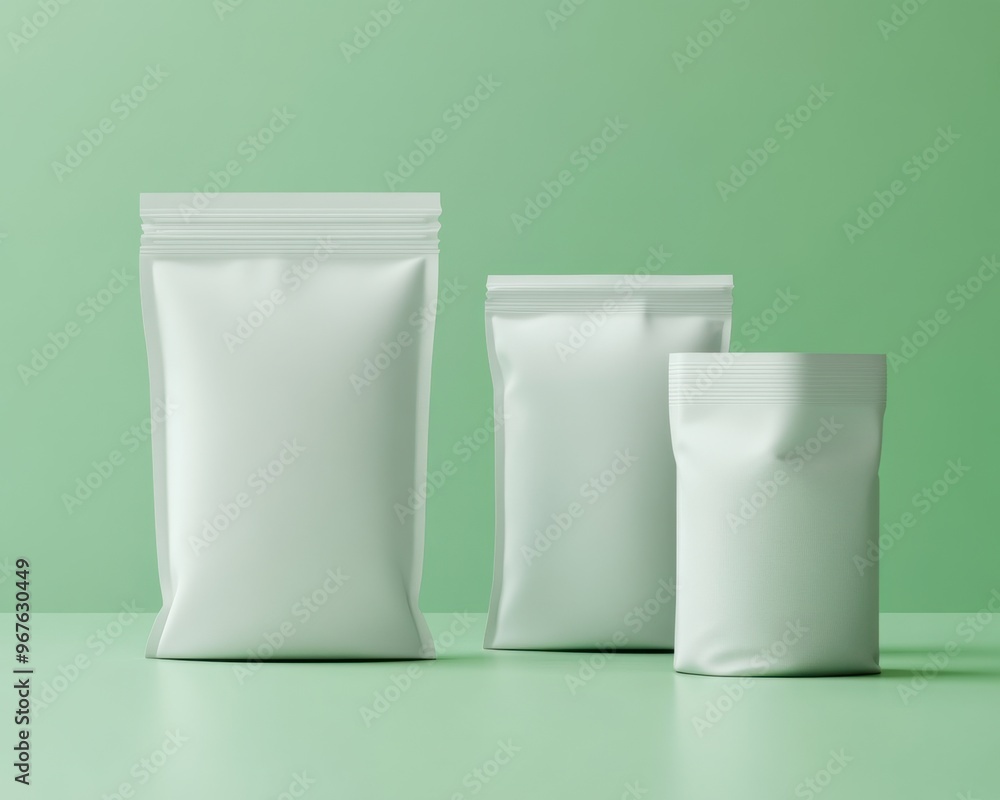 Three minimalist packaging bags in light green, ideal for product display or branding purposes. Perfect for modern aesthetics. Three minimalist packaging bags in light green, ideal for product display or branding purposes. Perfect for modern aesthetics.