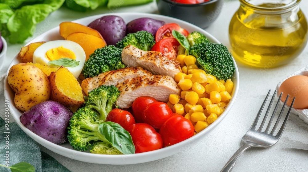 A vibrant bowl features grilled chicken, assorted vegetables, and a boiled egg, arranged beautifully with olive oil nearby, highlighting a nutritious meal ready to enjoy A vibrant bowl features grilled chicken, assorted vegetables, and a boiled egg, arranged beautifully with olive oil nearby, highlighting a nutritious meal ready to enjoy