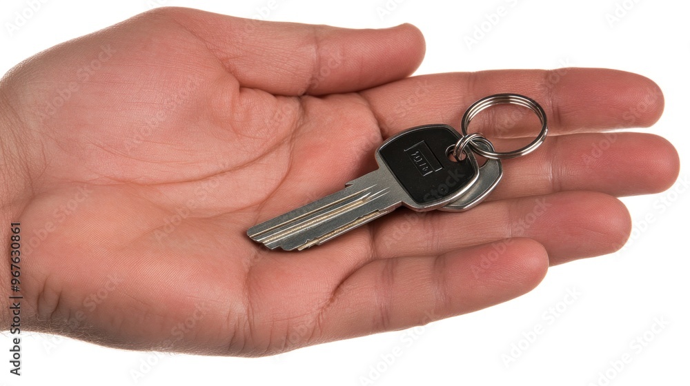 A hand presents a shiny metal key attached to a ring, symbolizing security, access, and ownership. The background is clear, keeping the focus on the key A hand presents a shiny metal key attached to a ring, symbolizing security, access, and ownership. The background is clear, keeping the focus on the key