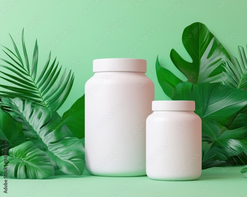 Minimalist white containers surrounded by lush green leaves, ideal for showcasing wellness products or natural ingredients. Minimalist white containers surrounded by lush green leaves, ideal for showcasing wellness products or natural ingredients.