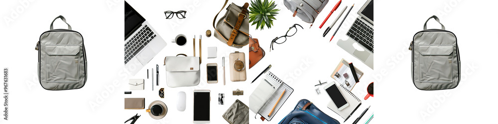 White office desk with blank notebook, computer keyboard and office supplies. Top view with copy space, flat lay. isolate on transparent background png White office desk with blank notebook, computer keyboard and office supplies. Top view with copy space, flat lay. isolate on transparent background png