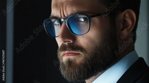 A man with a well-groomed beard and stylish blue sunglasses gazes with a serious expression. He is dressed in a suit, exuding professionalism in a shadowy environment