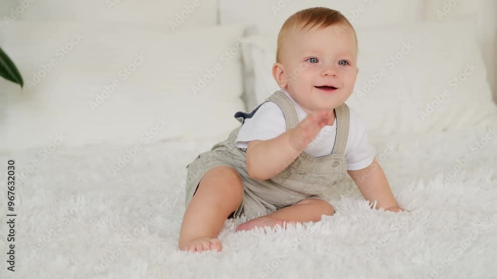 Happy baby boy laughing or smiling on the bed at home, joyful baby Happy baby boy laughing or smiling on the bed at home, joyful baby