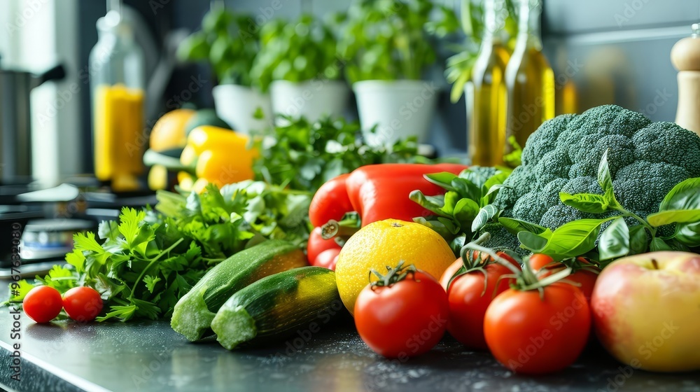 Plant-based diet ingredients on a kitchen counter, featuring fresh vegetables, fruits, and herbs ready for a healthy meal with copy space Plant-based diet ingredients on a kitchen counter, featuring fresh vegetables, fruits, and herbs ready for a healthy meal with copy space