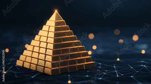 A glowing pyramid made of golden blocks symbolizes technology and innovation, set against dark, network like background. lighting enhances its striking appearance, evoking sense of wonder and creativi photo