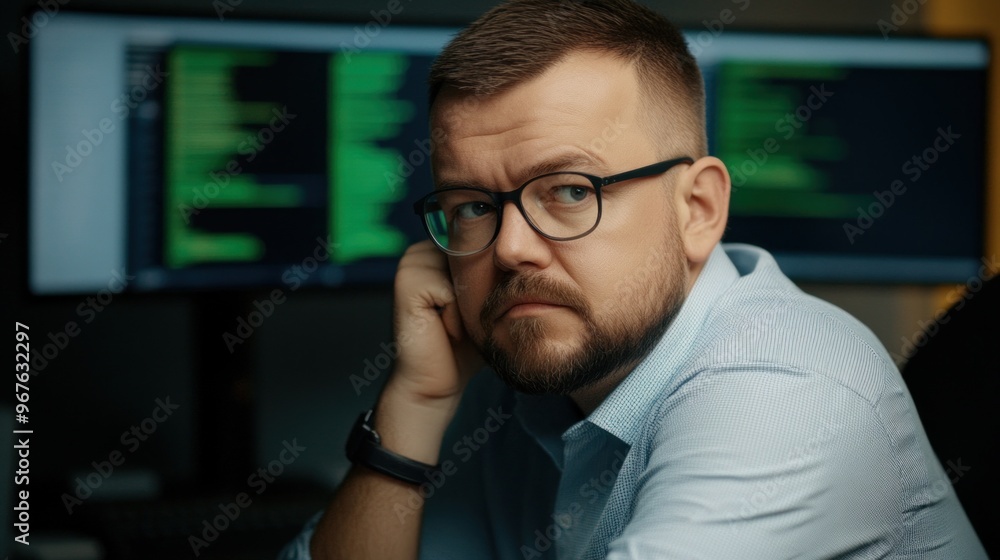 A software developer sits thoughtfully at his desk, gazing towards computer screens displaying lines of code A software developer sits thoughtfully at his desk, gazing towards computer screens displaying lines of code
