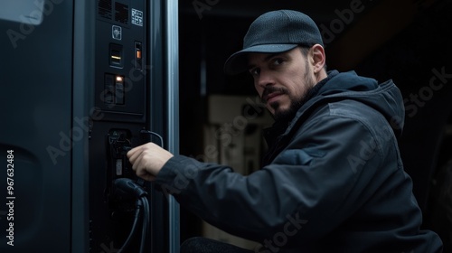 A man is crouched by an electrical outlet in a dimly lit room, carefully connecting a device to the power source while looking focused and attentive to his task