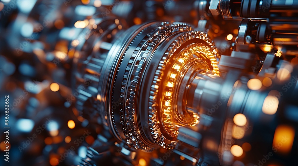 Close-up of a Shiny, Complex Mechanical Gear System with Glowing Interior Close-up of a Shiny, Complex Mechanical Gear System with Glowing Interior