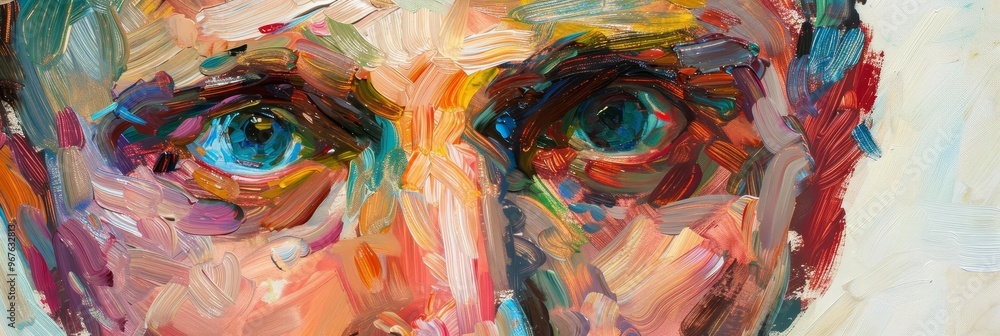 Fototapeta premium Portrait of an artist's face, painted with oil paints, showing a mix of vibrant and subtle hues