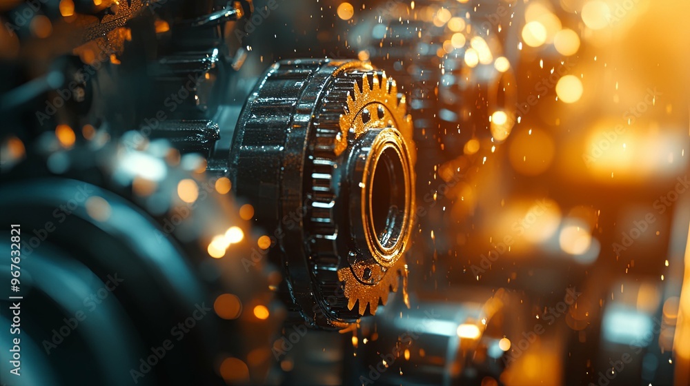 Closeup of a Shiny Gear in a Machine with Sparks Flying Closeup of a Shiny Gear in a Machine with Sparks Flying