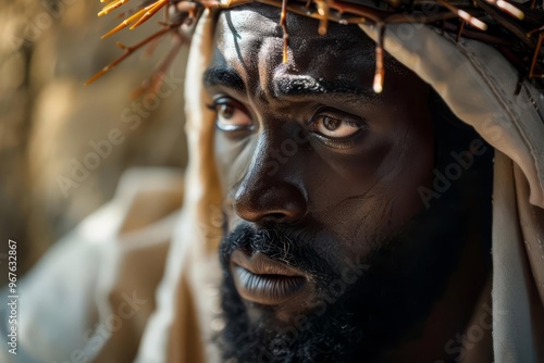 Portrait of black Jesus Christ with a crown of thorns, a photorealistic close-up capturing his deep, soulful eyes