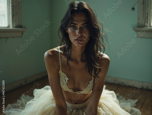 In a secluded space filled with muted colors, a captivating model sits gracefully, exuding an aura of introspection and somber elegance against the backdrop of worn walls