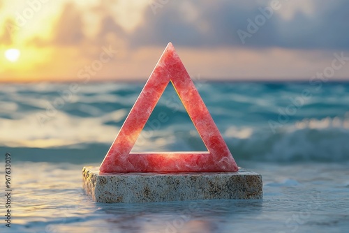 A pink triangle sculpture stands on a stone amidst ocean waves during sunset, creating a serene and artistic atmosphere. photo