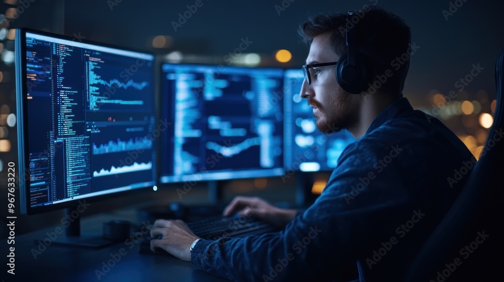 In a contemporary office, a programmer wearing headphones attentively reviews and analyzes complex code on multiple monitors late at night, showcasing a dedicated work environment In a contemporary office, a programmer wearing headphones attentively reviews and analyzes complex code on multiple monitors late at night, showcasing a dedicated work environment