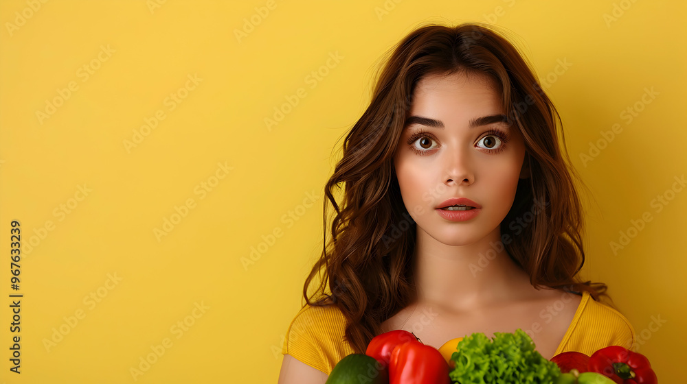 Shocked Young Woman With Shopping Basket Food Shocked Young Woman With Shopping Basket Food