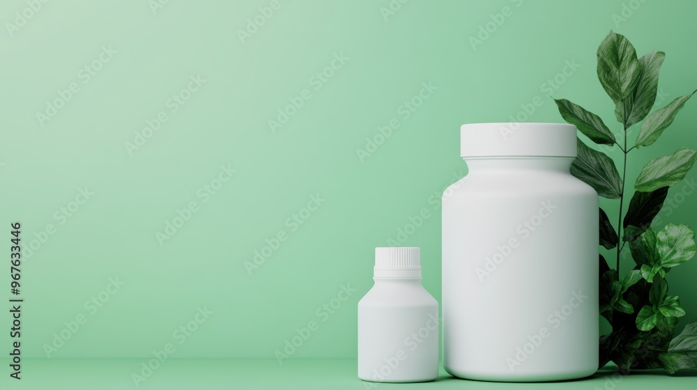 Two white bottles sit against a soft green background, surrounded by leaves, symbolizing health, wellness, and natural products. Two white bottles sit against a soft green background, surrounded by leaves, symbolizing health, wellness, and natural products.