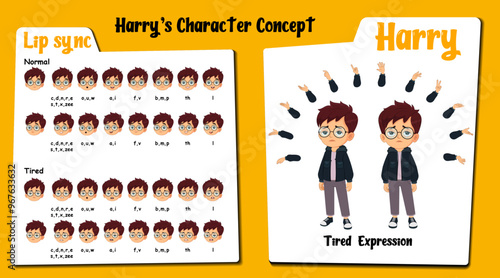 Tired girl cartoon character. Tired girl face expression cartoon. Lip sync for animation & hand gestures. clipart, graphic, illustration.