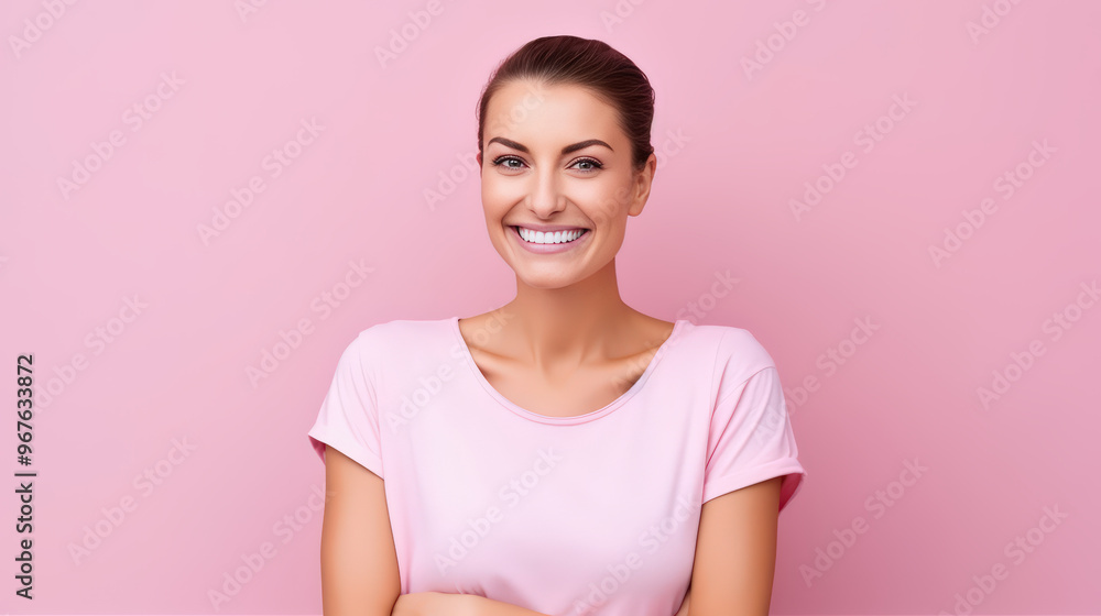 A Positive happy bald woman in pink t-shirt agianst pink background , Cancer, Breast Cancer, Healthcare concept A Positive happy bald woman in pink t-shirt agianst pink background , Cancer, Breast Cancer, Healthcare concept