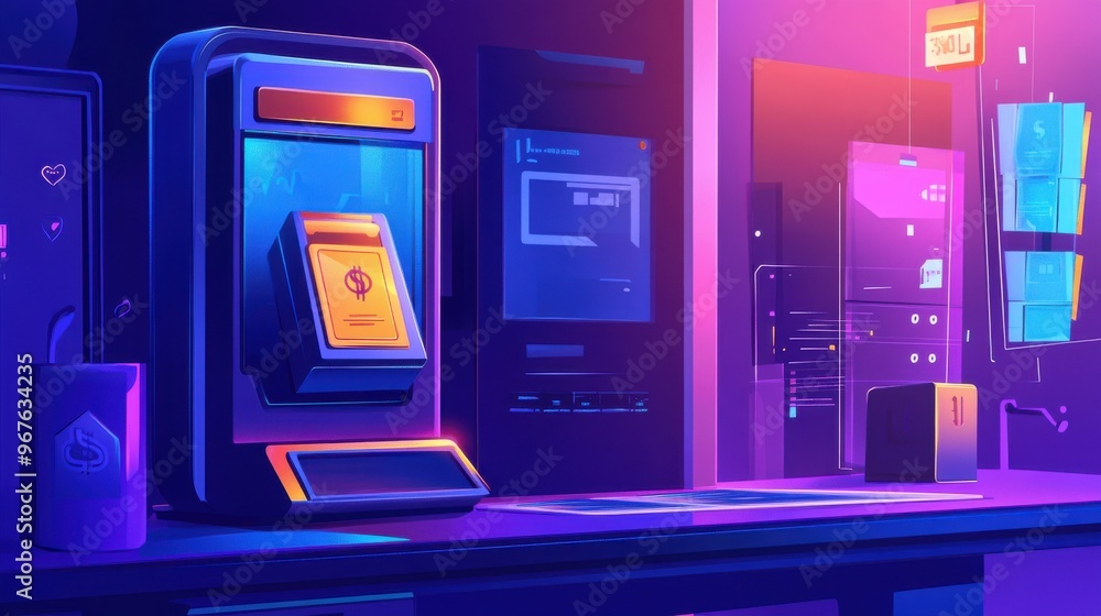 Fototapeta premium Vibrant digital interface featuring a futuristic kiosk in a neon-lit environment, perfect for tech and innovation themes.