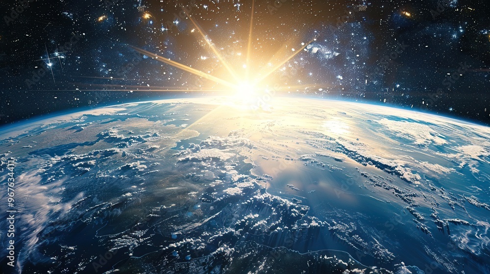 A breathtaking view of Earth from space at sunrise, showcasing vibrant blue oceans and lush green lands illuminated by the sun, set against a dark cosmic backdrop. A breathtaking view of Earth from space at sunrise, showcasing vibrant blue oceans and lush green lands illuminated by the sun, set against a dark cosmic backdrop.
