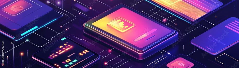 Vibrant digital interface with floating app icons and glowing elements, showcasing modern technology and innovation. Vibrant digital interface with floating app icons and glowing elements, showcasing modern technology and innovation.